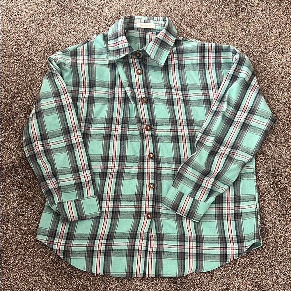 Green, Pink and Black Plaid Button Down Flannel Shirt